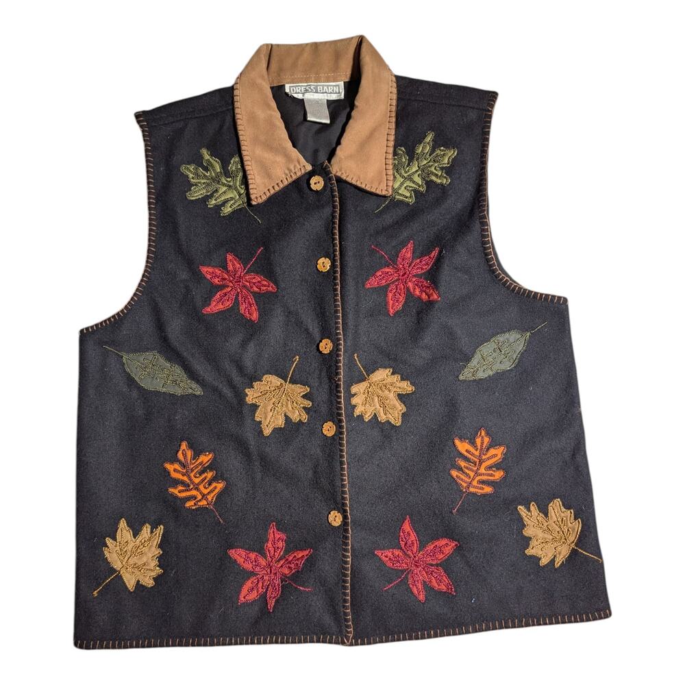 Vtg 1990s Dress Barn Black Wool Blend Leaf Embroidered Collared Button Up Vest L
